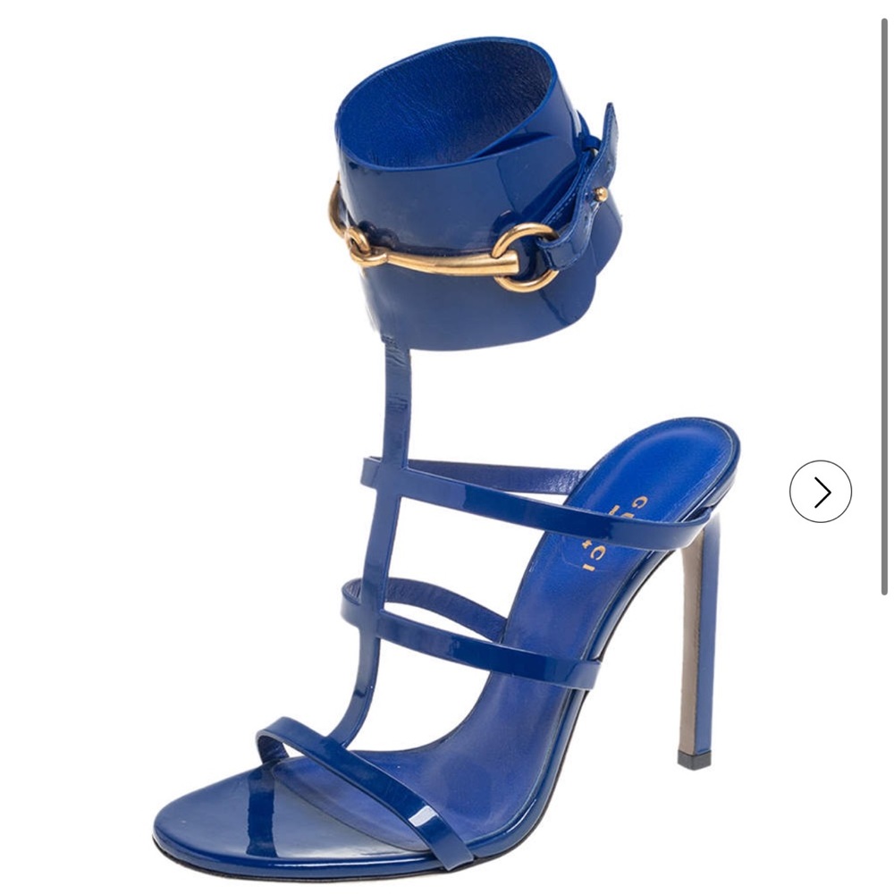 Gucci Blue Patent Leather Ursula Horsebit Ankle Strap Sandals Size 36.5